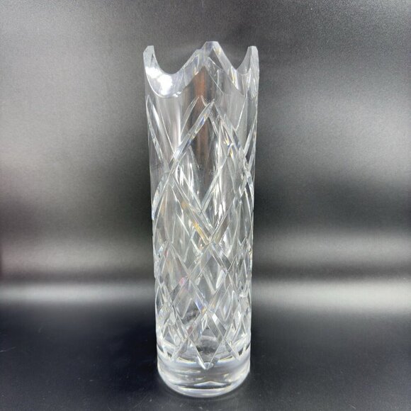 Vintage Ceska Clear Cylinder Crystal Glass Vase Cut Top Edges Czechoslovakia VTG - Picture 13 of 14